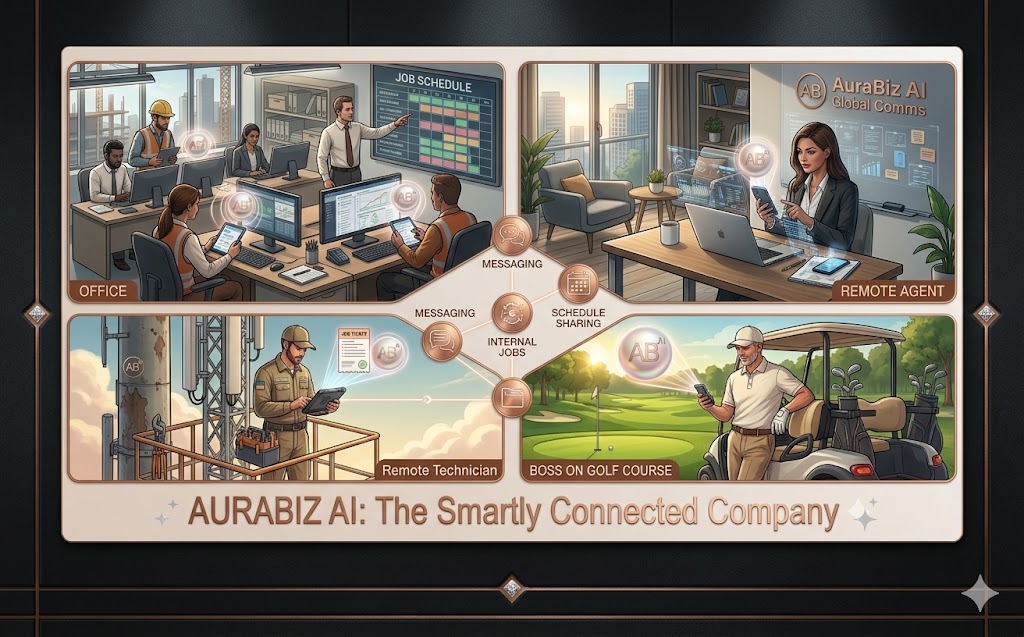 AuraBiz AI in action — showing office, remote agent, remote technician, and boss on golf course all connected through messaging, scheduling, and internal jobs