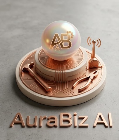 AuraBiz AI logo with copper tools and pearl orb