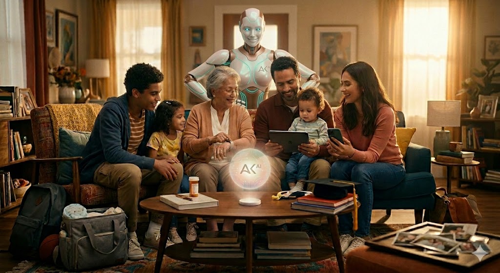 The AuraKin AI family — a multi-generational family gathered around a glowing AK AI orb with a friendly AI robot assistant