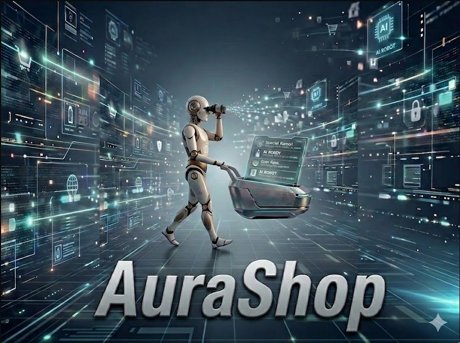 AuraShop AI shopping assistant robot walking with smart cart