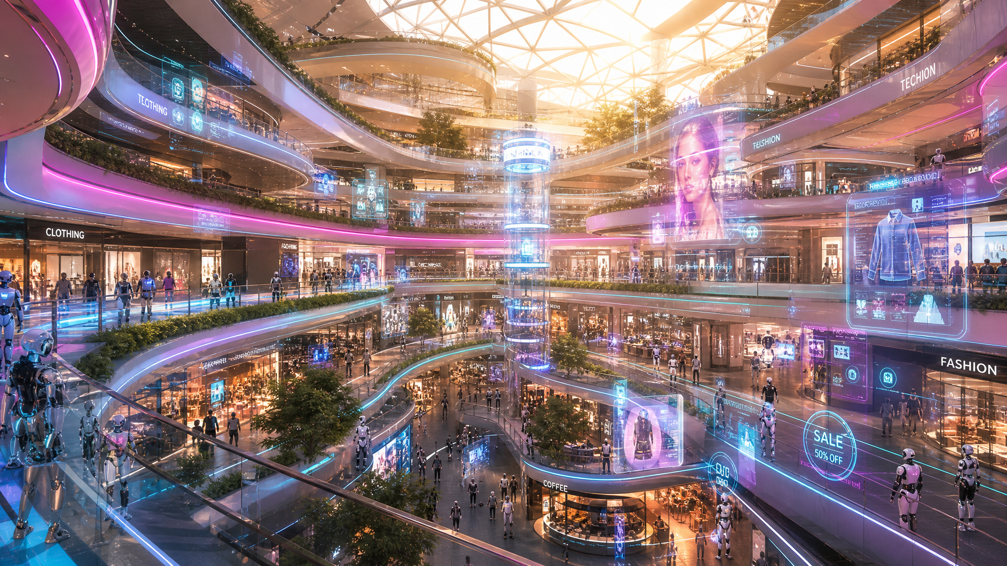 Futuristic multi-level AI shopping mall with holographic displays, neon lighting, and robot assistants