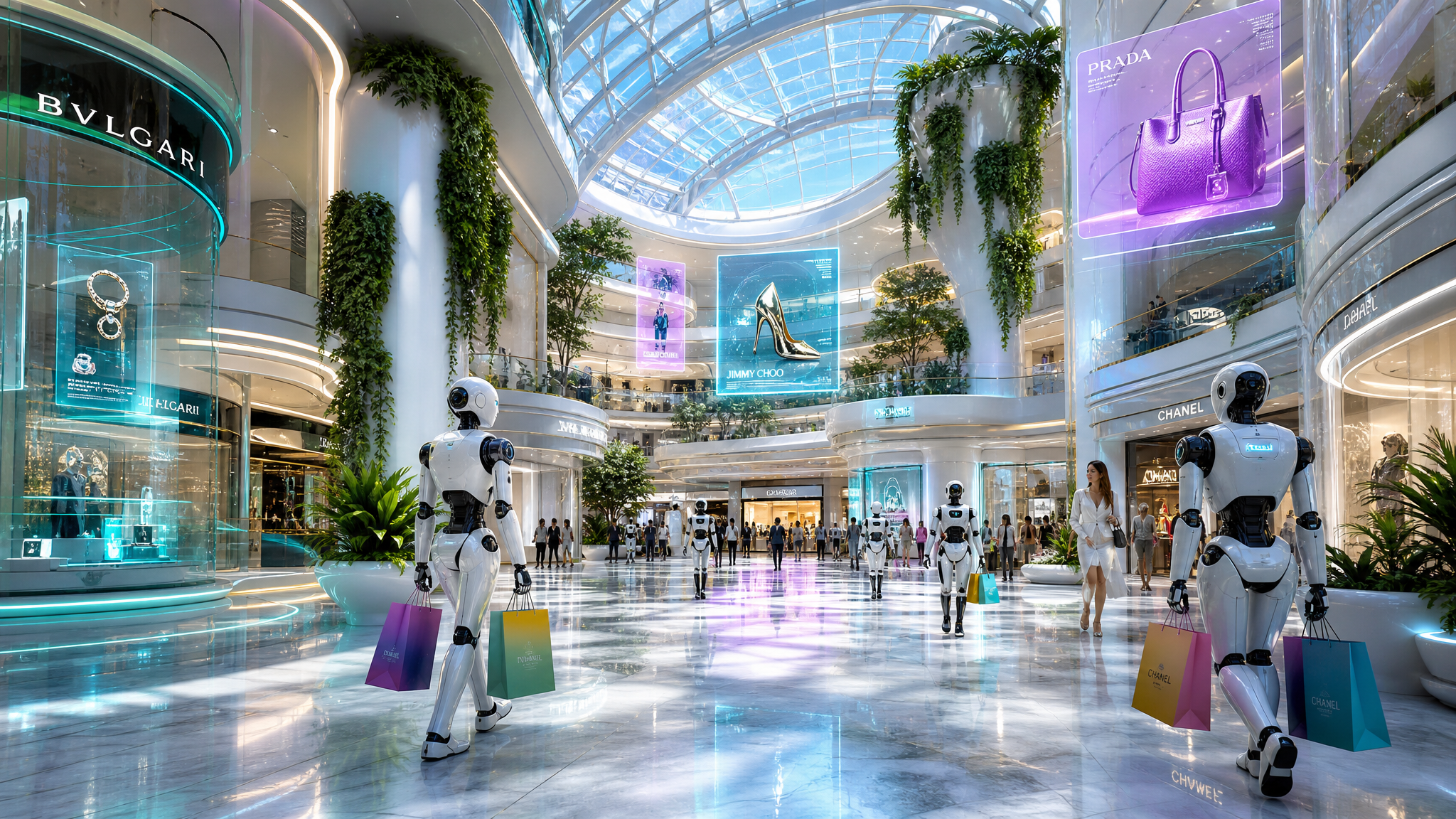 Futuristic AI-powered shopping mall with robot shoppers carrying bags through luxury stores