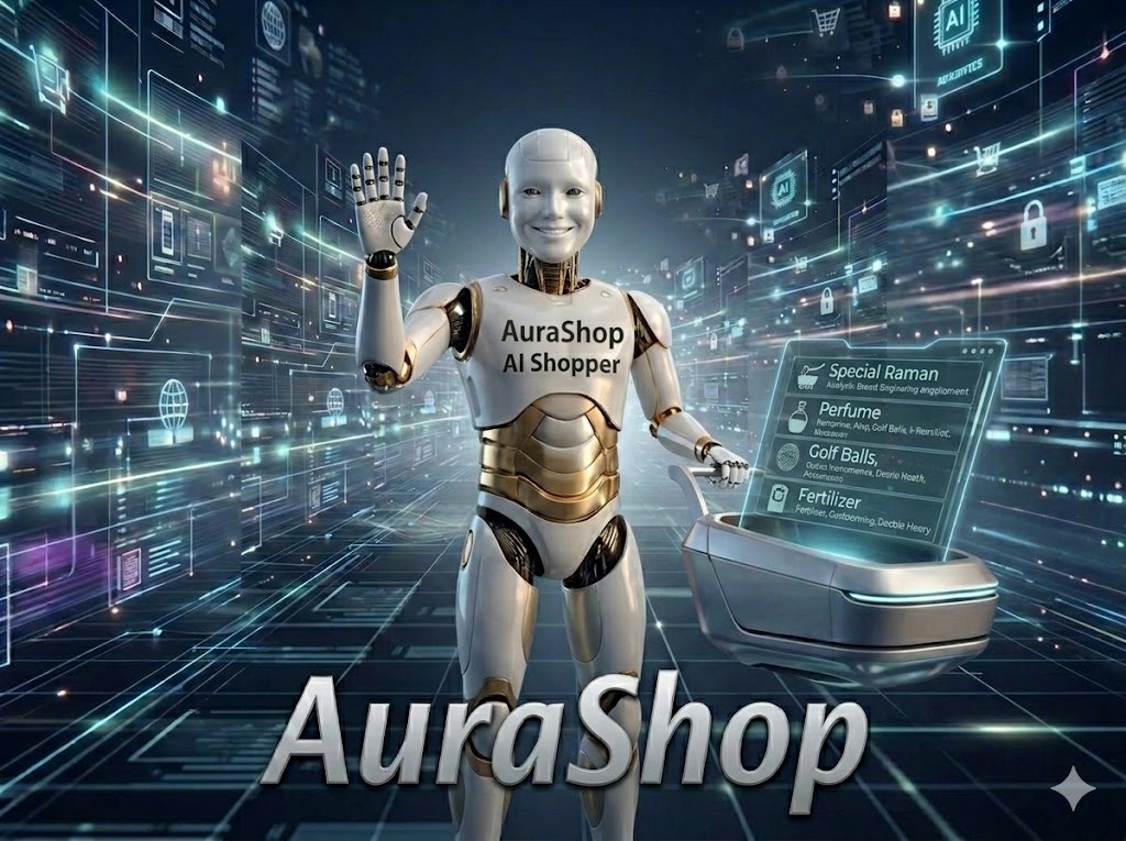 AuraShop AI shopping assistant robot waving with product search results display