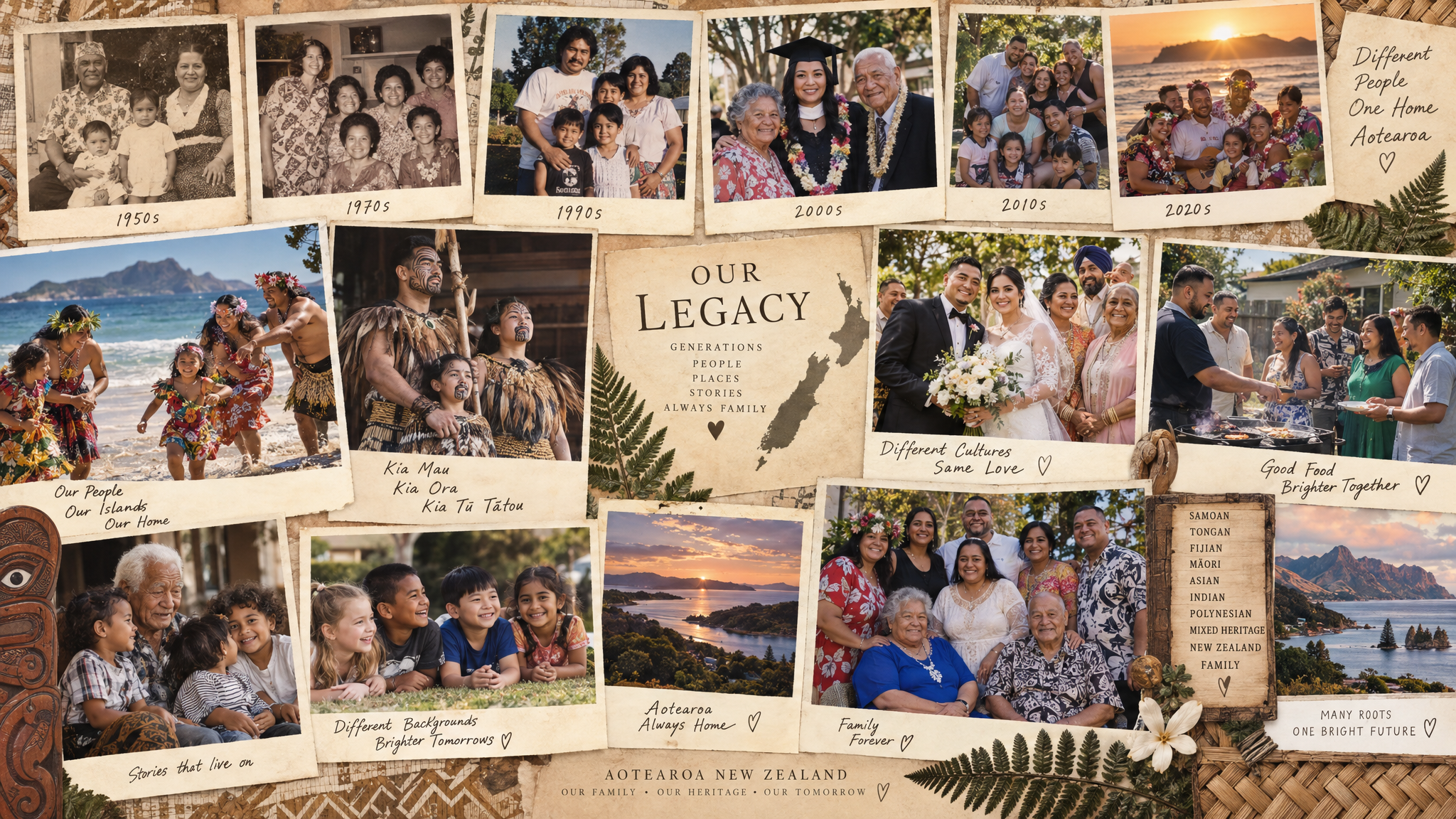 Footprints & Folios — a warm collage of diverse New Zealand family and travel photographs, including Pacific Island and Māori whānau, spanning many years as a timeline of memories